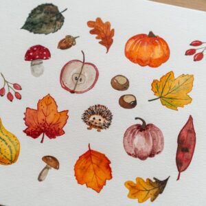 suesse Herbstmotive mit Aquarell gemalt auf weissem Aquarellpapier